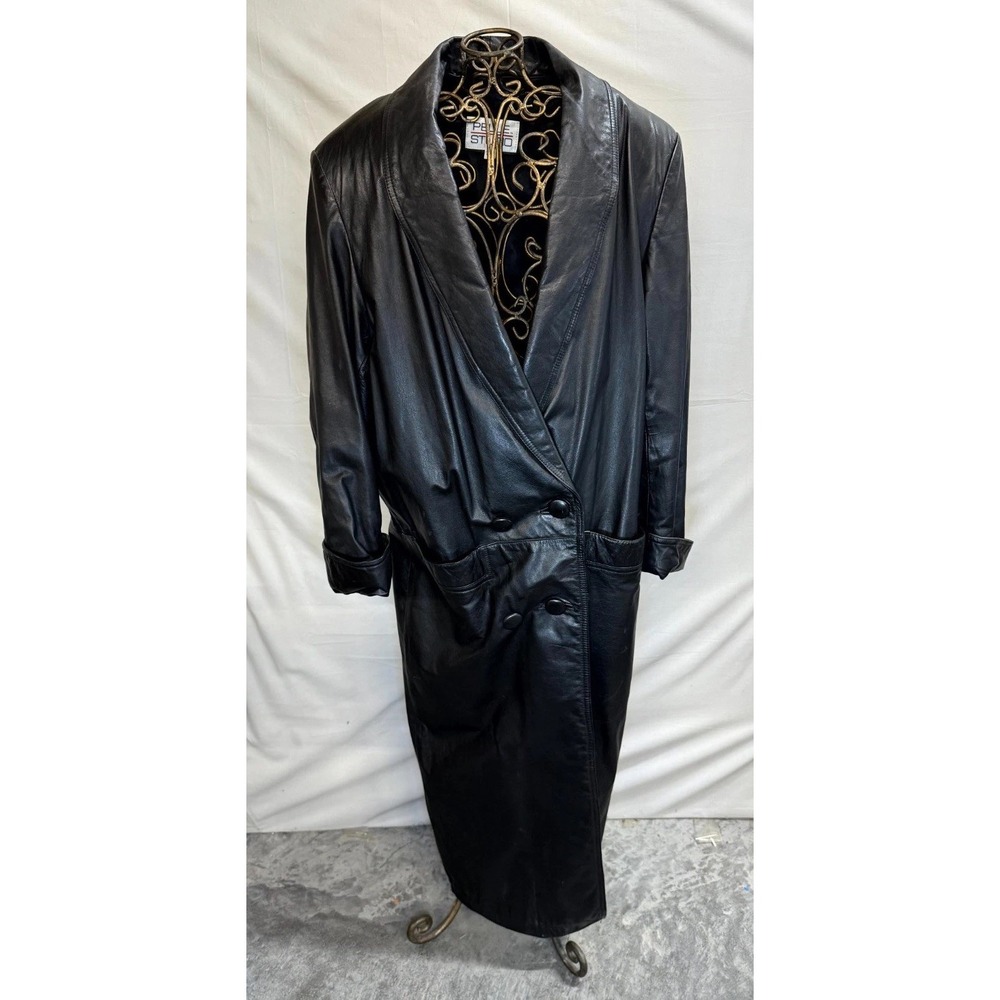 Vintage Pelle Studio Leather Trench Coat Womens Small Black Double Breasted